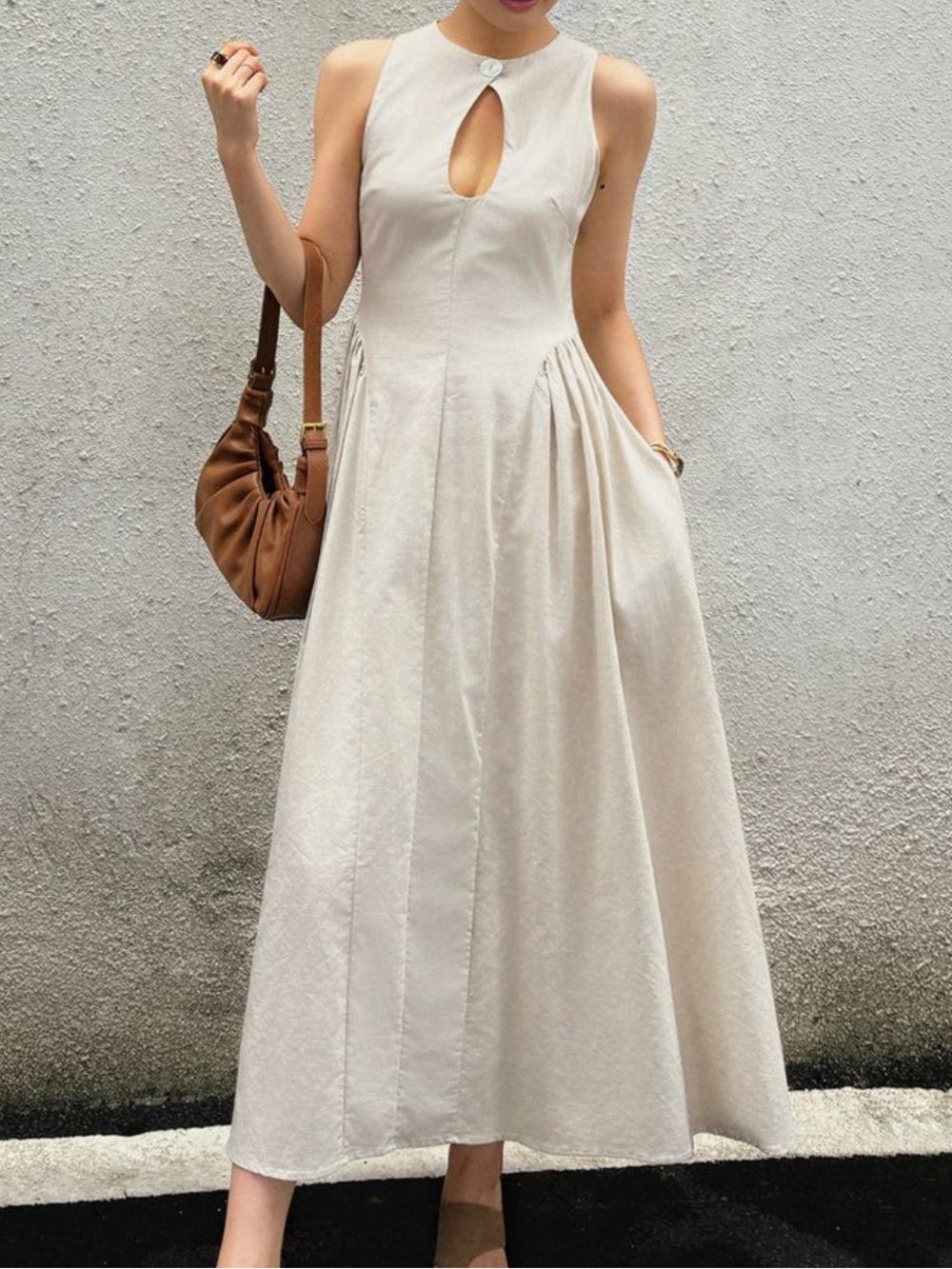 Commense Sleeveless Maxi Dress in Light Cream with Keyhole
